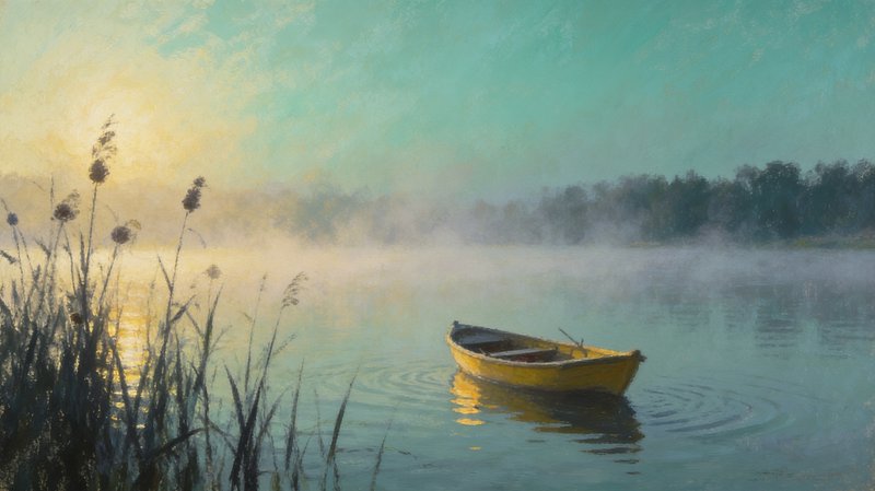 Impressionist painting of a yellow rowboat floating on a misty lake at golden sunrise, with tall ...