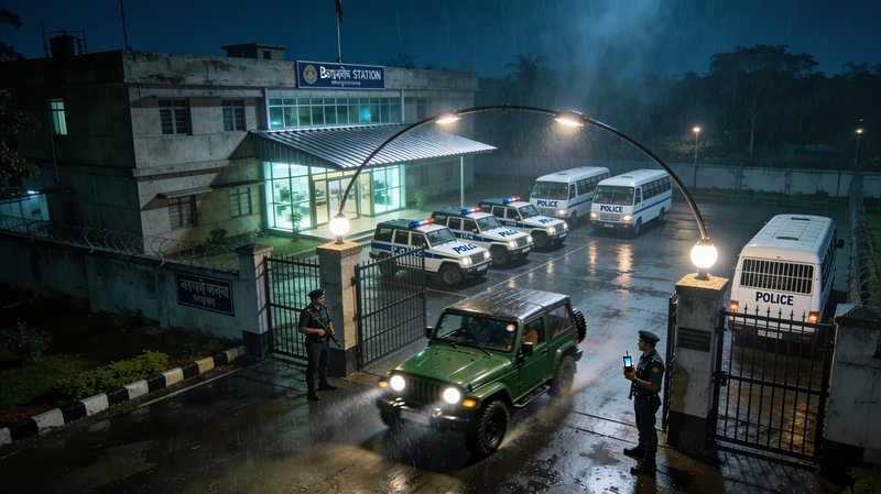 Rainy night at a police station, armed gate guards stand watch as a green jeep exits past a parke...