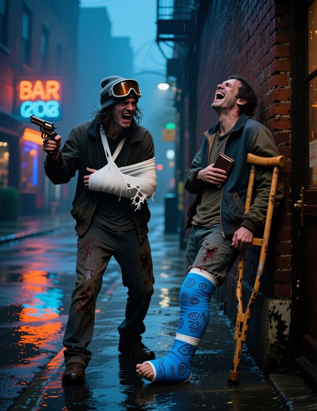 Two injured laughing men stand in a rainy neon city alley, one with an arm sling holding a revolv...