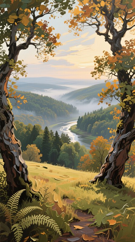 Stylized autumn landscape framed by gnarled trees, overlooking a misty winding river valley at so...