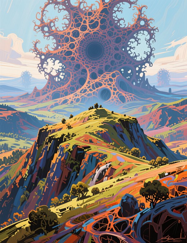 Vibrant stylized fantasy landscape, with a giant intricate organic alien spire rising above rolli...