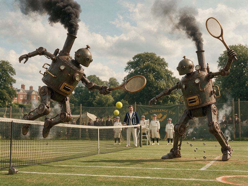 [Two smoking steampunk steam robots play tennis on a vintage grass court while Edwardian spectators watch.]