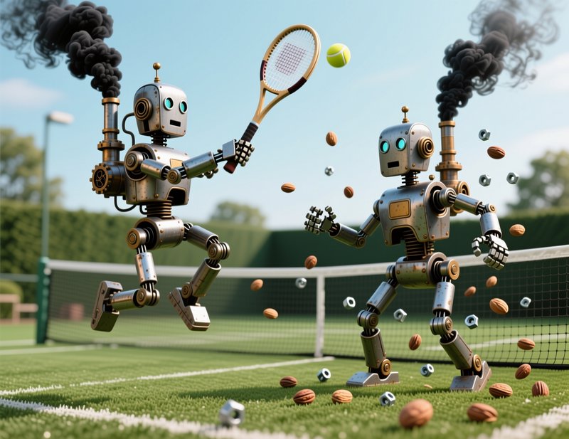 Two retro steampunk robots play tennis on a grass court, puffing smoke as loose nuts and bolts sc...