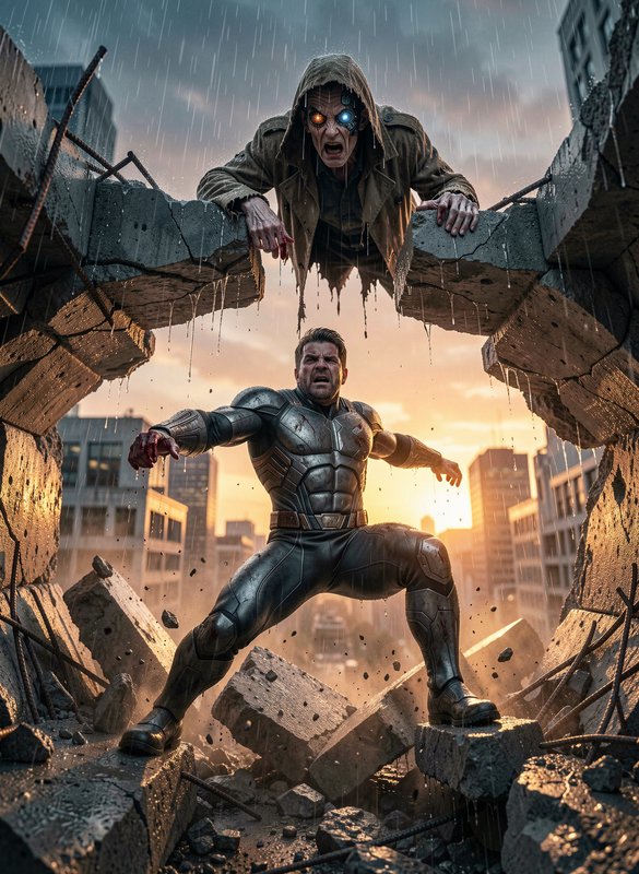 [Armored superhero stands in crumbled city rubble as a glowing-eyed hooded cyborg looms overhead in rainy sunset]