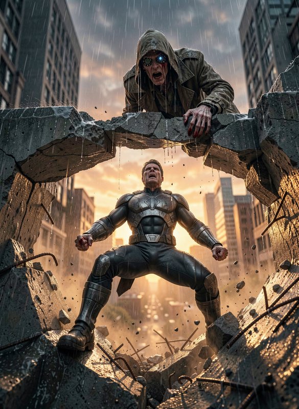 [Armored superhero stands defiant as a hooded glowing-eyed villain looms over broken concrete in a rainy sunset city]