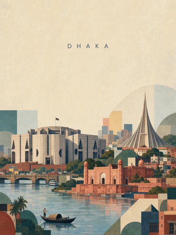 Stylized retro travel illustration of Dhaka Bangladesh skyline, featuring riverfront landmarks an...