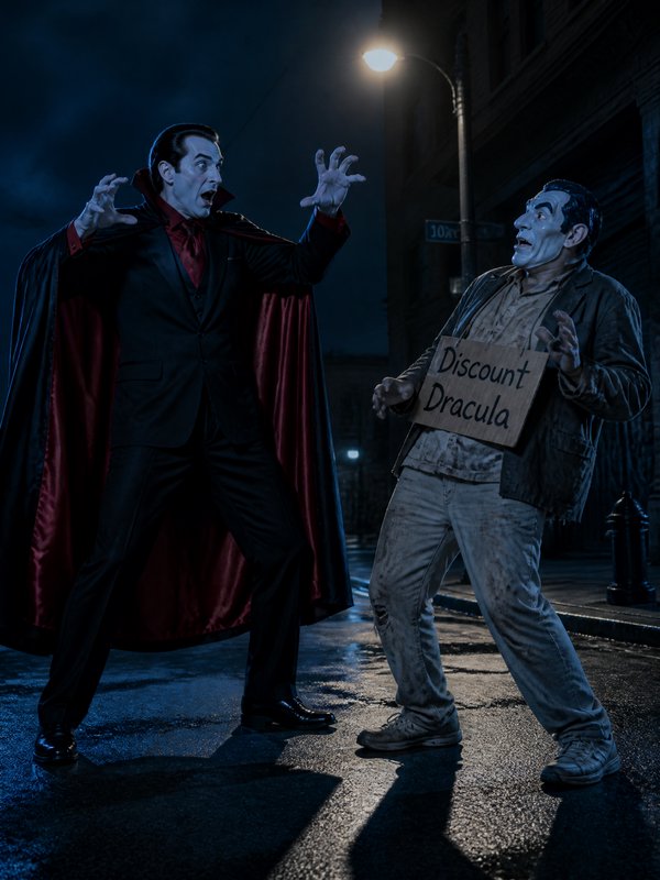 Classic Dracula reacts in surprise to a scruffy costumed man holding a "Discount Dracula" sign on...