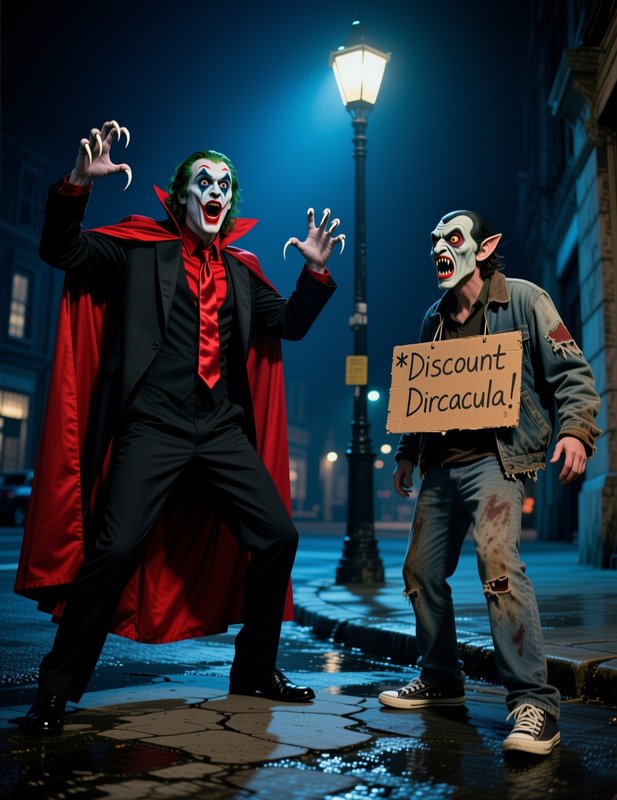 Two silly monster cosplayers on a wet night city sidewalk: one Joker-vampire hybrid, the other ho...