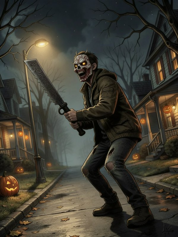 Menacing glowing-eyed skull masked figure holding a large serrated blade stands on a foggy Hallow...