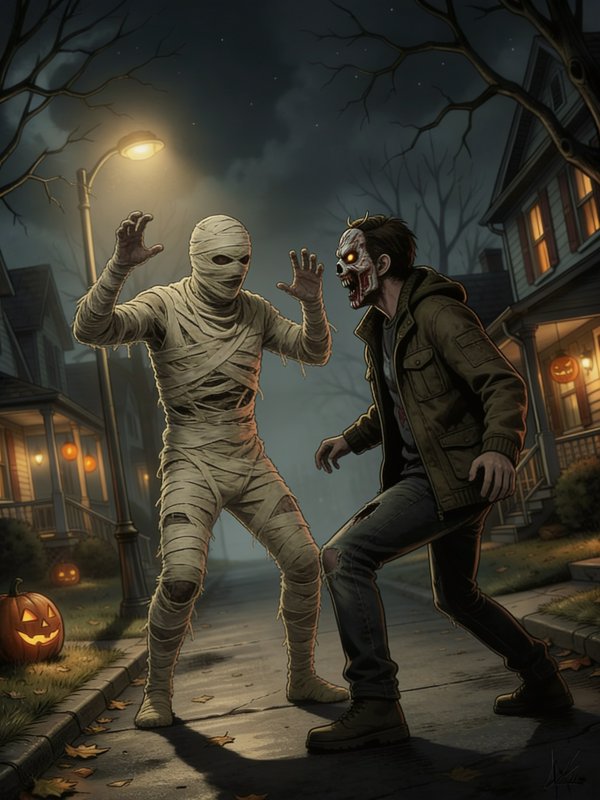 Spooky Halloween illustration of a bandaged mummy confronting a skull-masked zombie on a foggy su...