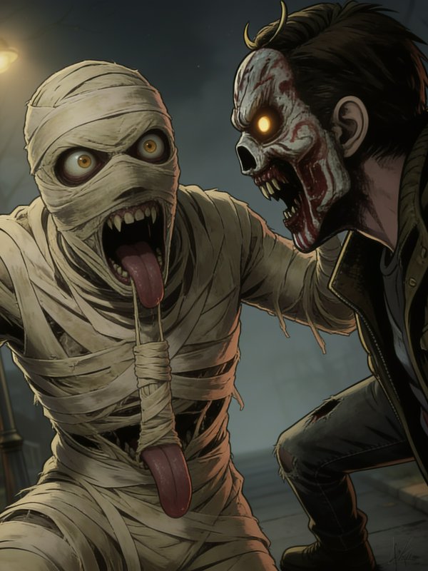 Stylized horror comic art of a bizarre bandaged mummy confronting a glowing-eyed horned demon zom...
