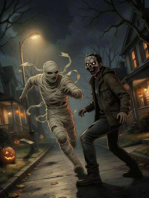 Charging bandaged mummy and grinning glowing-eyed monster on a foggy suburban Halloween street at...