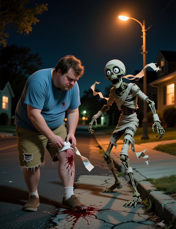 Injured man bandages bleeding knee as goofy cartoon mummy skeleton stands beside him on a lamp-li...