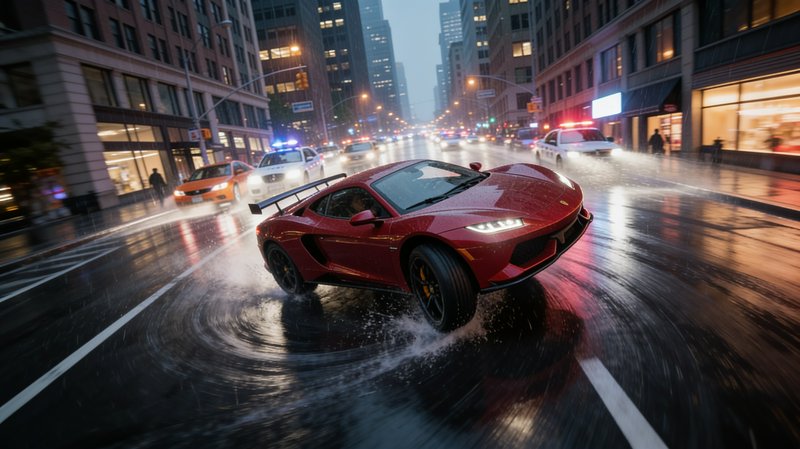 Red luxury supercar drifting through puddles on a rain-soaked downtown city street during a twili...