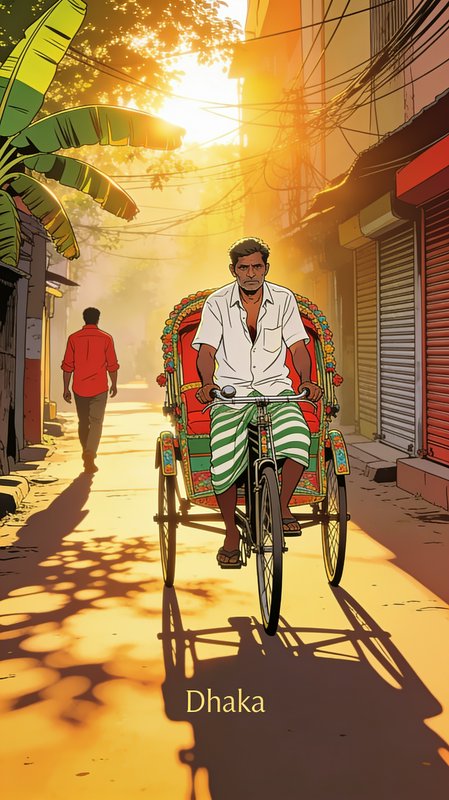 Stylized illustration of a rickshaw puller on a sunlit golden hour street in Dhaka, Bangladesh