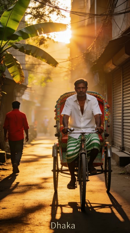 Cycle rickshaw driver rides through a hazy golden hour residential alley in Dhaka, framed by bana...