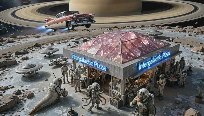 "Intergalactic Pizza restaurant on a rocky moon surface, with alien customers, flying retro car, ...