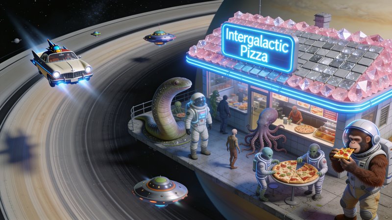 Whimsical sci-fi scene of an Intergalactic Pizza space diner, alien patrons, astronauts, and flyi...
