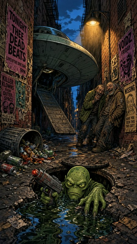 Grumpy green alien with ray gun climbs from sewer, laughing men overlook landed flying saucer in ...