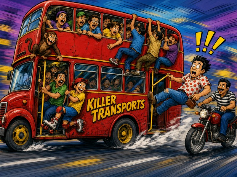 Overcrowded speeding red double decker bus with panicked clinging passengers, a stowaway monkey, ...