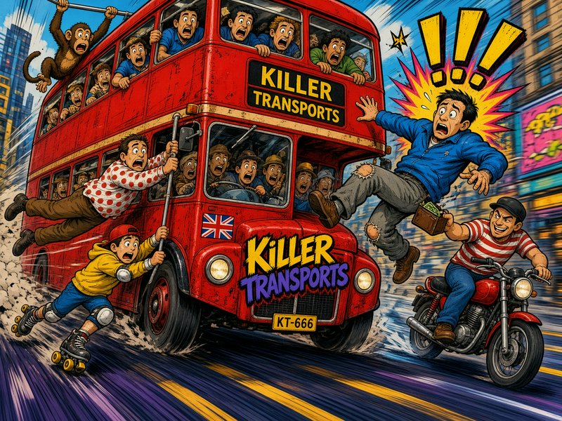 Chaotic comic illustration of a speeding red London double-decker bus, panicking passengers, and ...