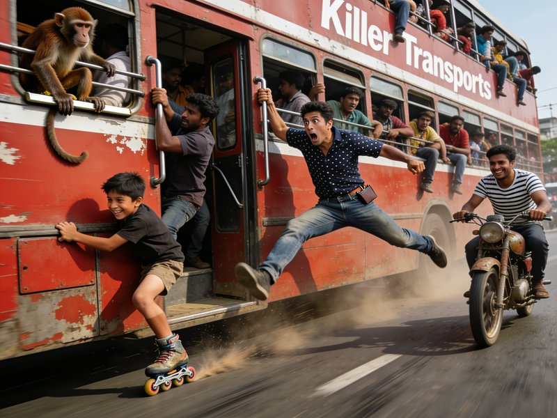 Surreal overloaded red double decker bus, man mid-leap, rollerblading boy, monkey on window, moto...