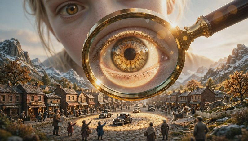 Surreal fantasy art of a giant child holding a brass magnifying glass over a tiny vintage alpine ...