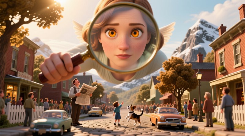 Pixar-style winged woman holds a giant magnifying glass over a quaint small town cobblestone stre...