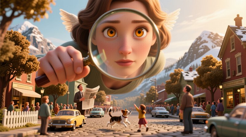 Surreal 3D animated scene of a winged giant woman holding a magnifying glass over a cozy small mo...