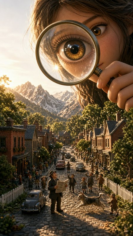Surreal fantasy render of a giant holding a magnifying glass, peering down at a tiny cobblestone ...