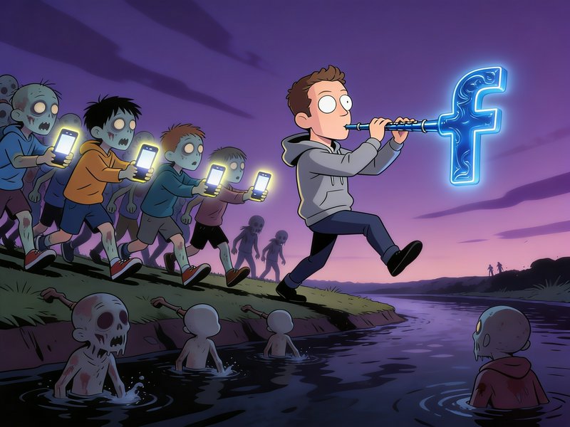 Cartoon modern Pied Piper plays Facebook logo flute, leading smartphone-addicted zombies along a ...