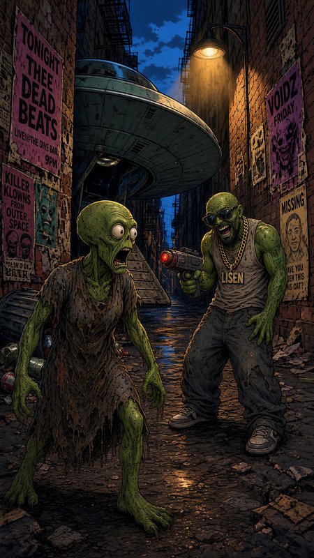 Comic illustration of two green aliens confronting each other in a gritty night city alley, with ...