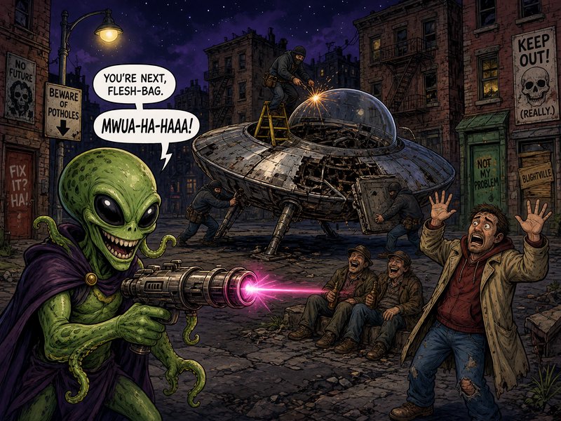 Evil green tentacled alien threatens a terrified man with a ray gun, as workers repair a broken U...