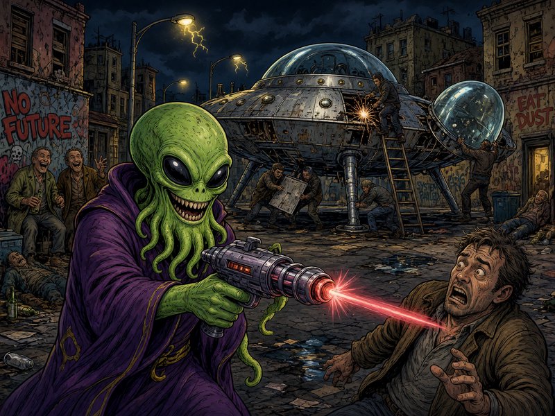 Grotesque green tentacled alien fires a red laser gun at a terrified man, with a crashed UFO in a...