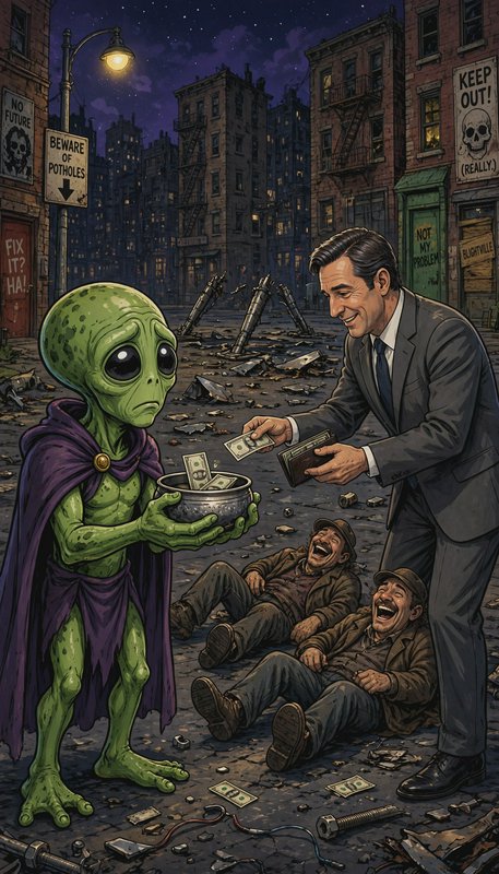 Sad green alien panhandling as a suited businessman hands cash on a run-down dystopian night city...