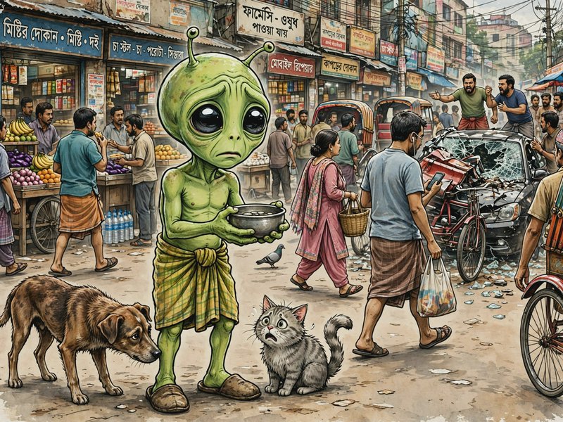 Sad big-eyed green alien holding a bowl stands with a stray dog and shocked cat on a busy South A...