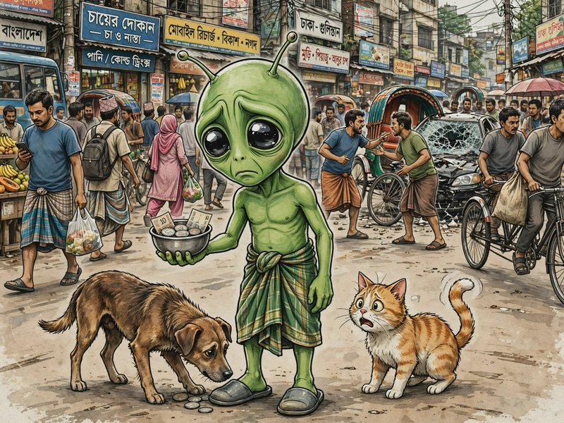 Sad big-eyed green alien holding a begging coin bowl on a busy Bangladeshi market street next to ...