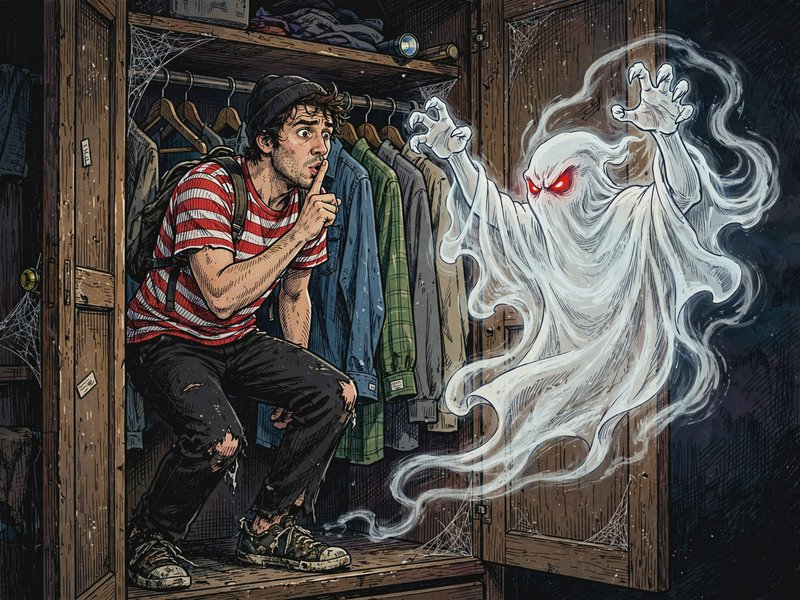 Comic illustration of a startled sneaking man in a closet face to face with a menacing glowing re...