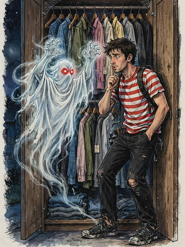 Comic illustration of a startled man shushing a glowing red-eyed ghost emerging from a cluttered ...