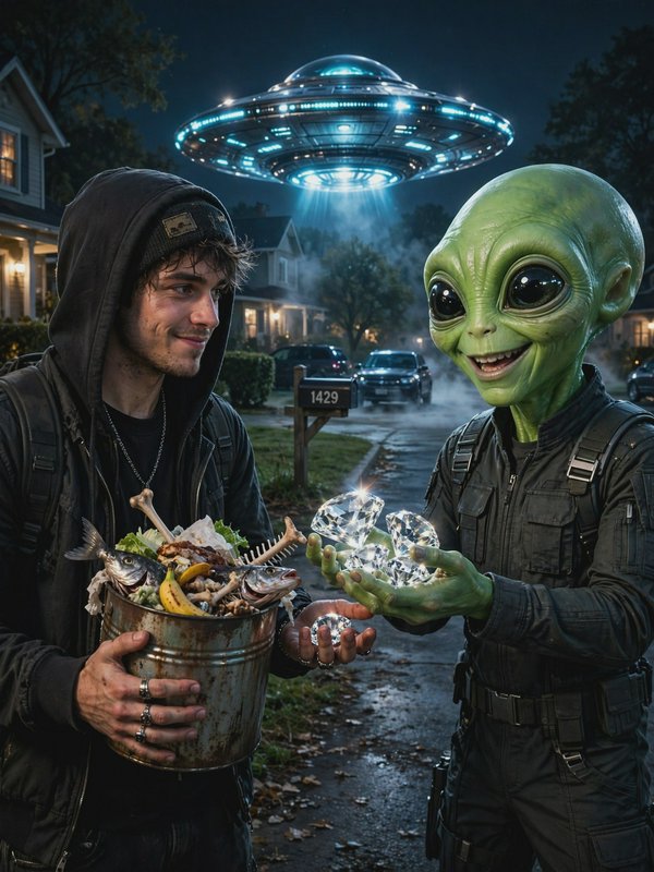 Young human trades a trash bucket for giant diamonds from a friendly green alien, glowing UFO hov...
