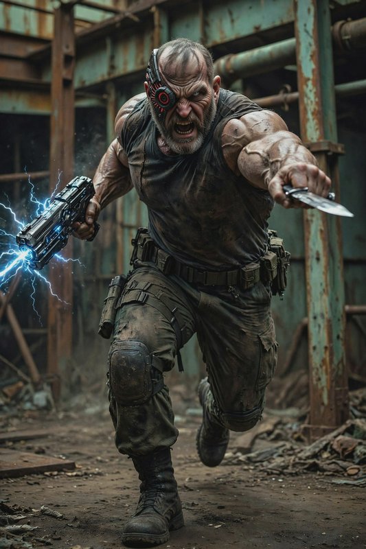 Furious muscular cybernetic warrior charging with energy pistol and knife in rusted derelict indu...
