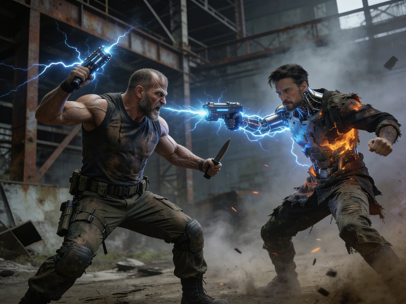 Tense duel between a muscular human soldier and flaming cyborg wielding electric weapons in a rus...