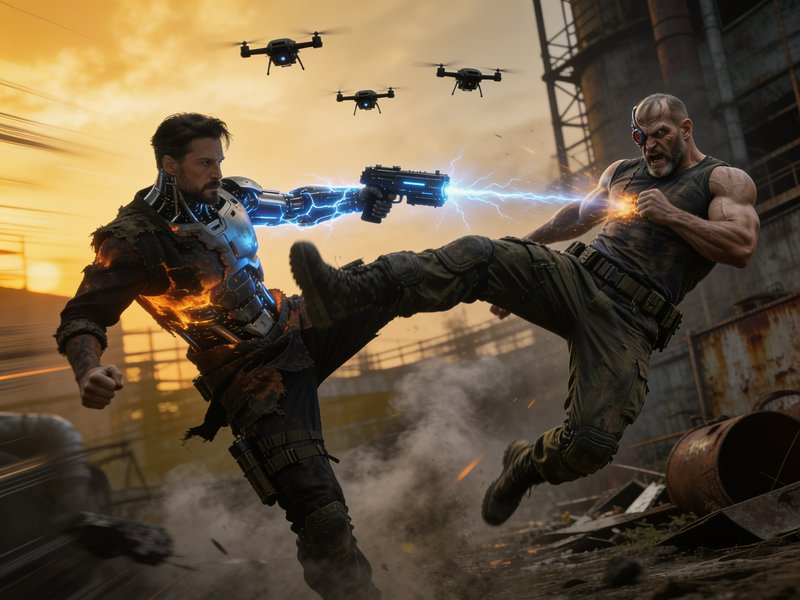 Cyborg warrior fires an energy gun at a cybernetic opponent mid-battle in a derelict industrial w...