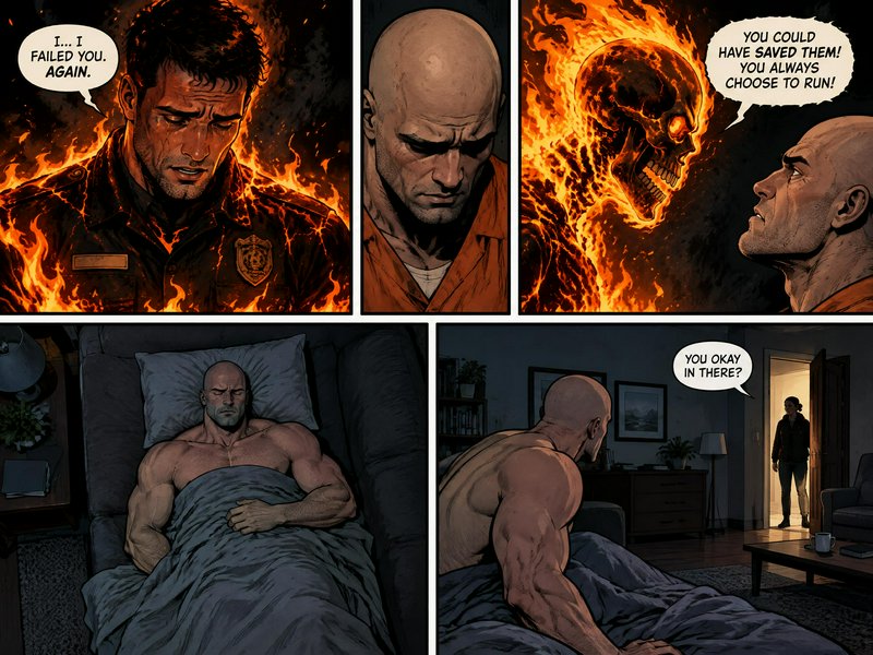 Four panel dark fantasy comic page showing a man haunted by fiery guilt apparitions, waking from ...