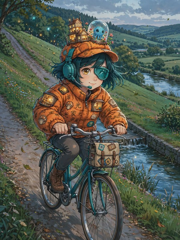 Whimsical anime girl with teal hair rides a countryside bicycle, tiny glowing houses and alien pe...