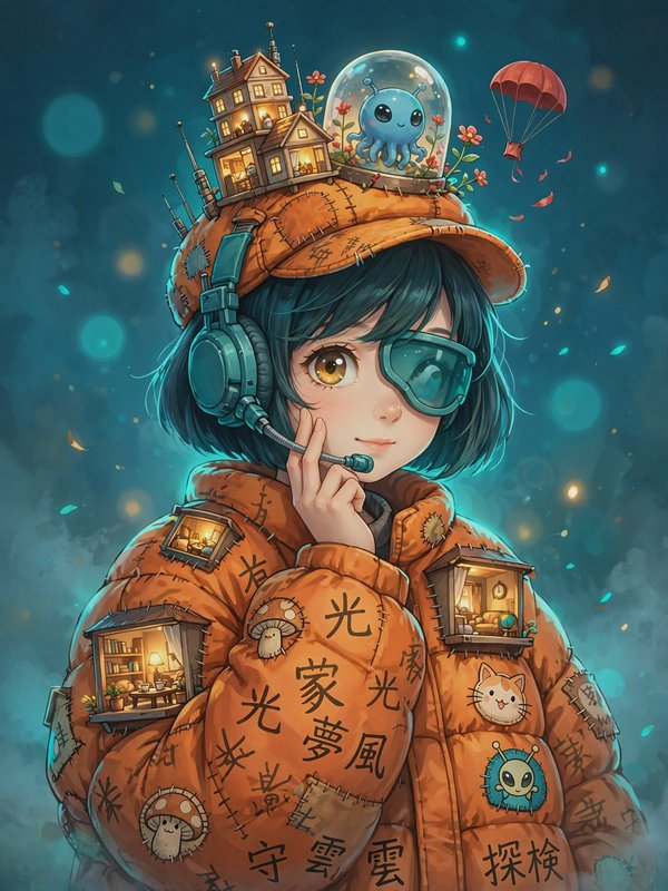 Whimsical anime girl with teal hair, headset, and goggles wears a patched orange cap and jacket d...