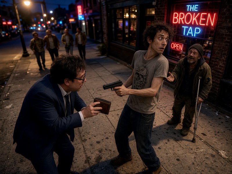 Tense night sidewalk mugging: suited man offers wallet to panicking gunman outside a neon-lit cor...