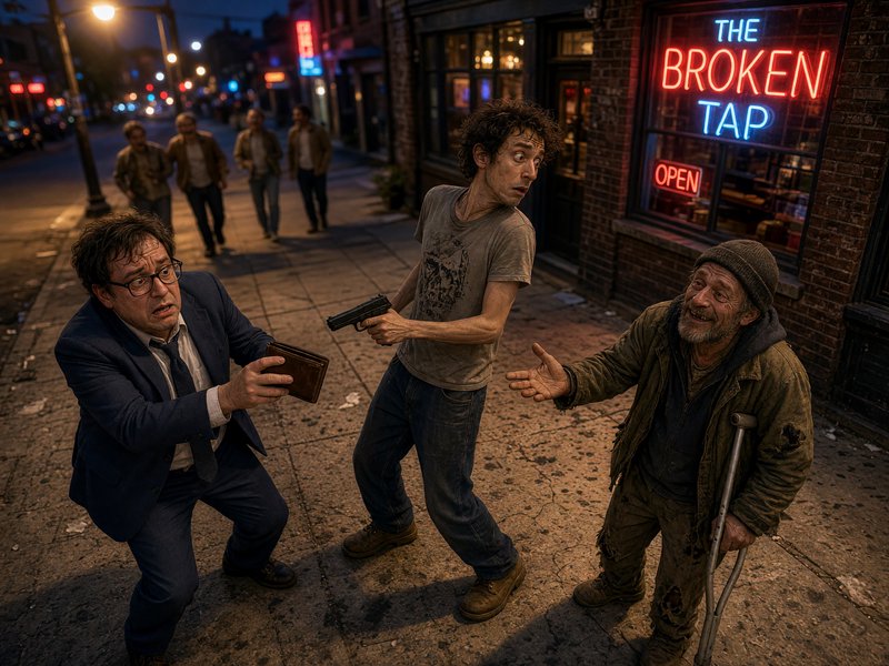 Comedic robbery scene on a dusk urban sidewalk outside neon-lit The Broken Tap bar, with three ex...