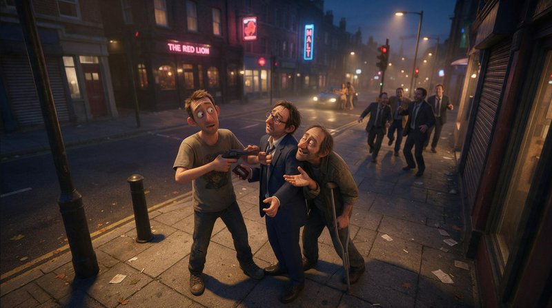 Stylized 3D animated scene of a tense humorous street encounter on a foggy dusk city sidewalk, wi...