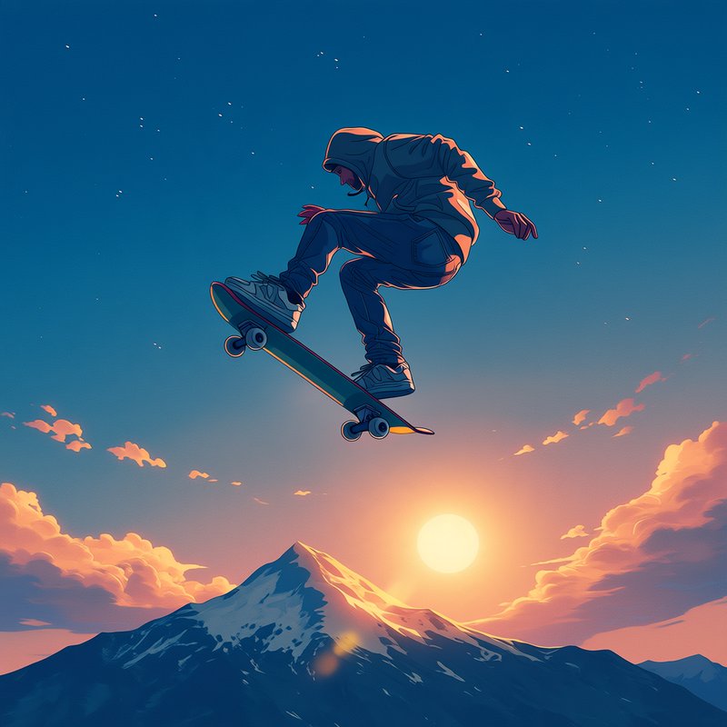 Hooded skateboarder performing a mid-air trick above a snowy mountain range at sunset